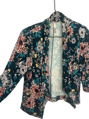 Floral Open Front Cardigan/ loose blazer 3/4 sleeves in Teal & Coral